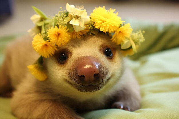 a baby sloth with a flower crown on its head