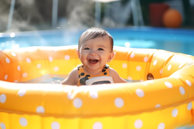 A baby smiles in an inflatable pool.