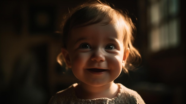 A baby smiling in the dark