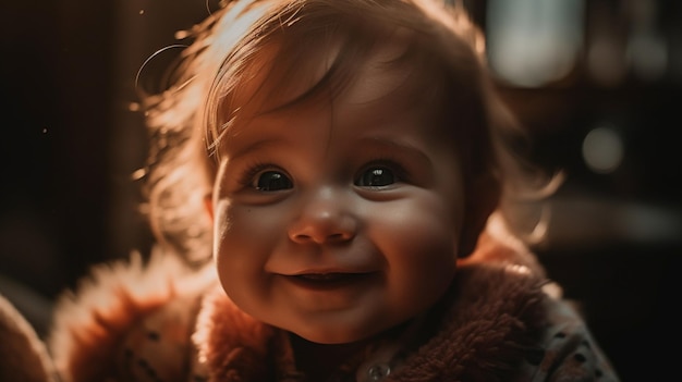 A baby smiling with a brown background