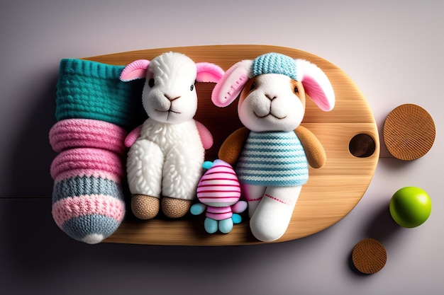 Baby socks and toy lamb on light wooden background Motherhood concept