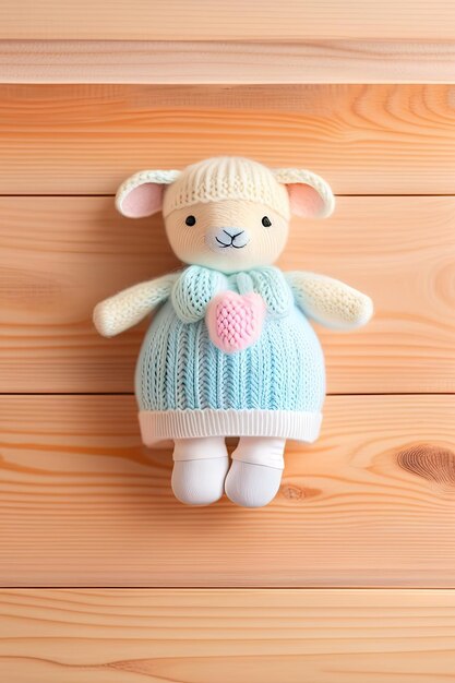 Baby socks and toy lamb on light wooden background Motherhood concept