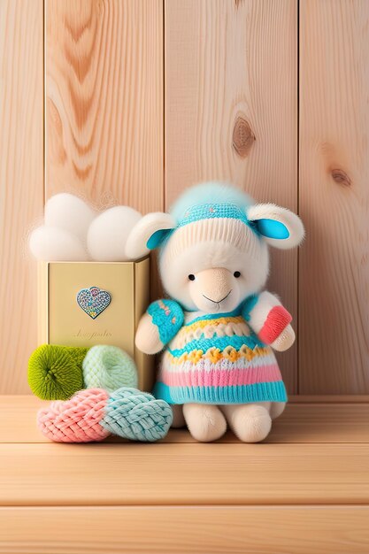 Baby socks and toy lamb on light wooden background Motherhood concept