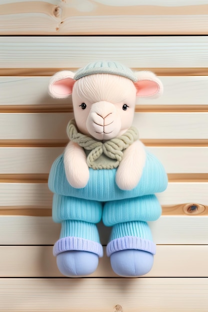 Baby socks and toy lamb on light wooden background Motherhood concept