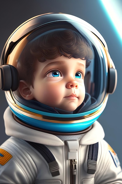 A baby in a space suit looks up at the sky.