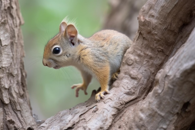 Baby squirrel climbing tree trunk its bushy tail visible created with generative ai