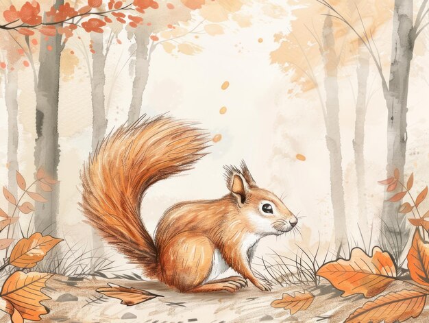 Baby Squirrel Climbing in Watercolor Style Beautiful Autumn Forest Scene Digital Art Print