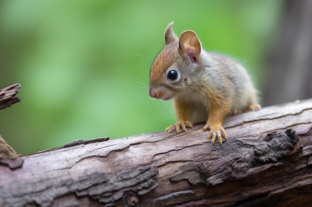 Baby squirrel perched on fallen tree branch watching the world go by created with generative ai