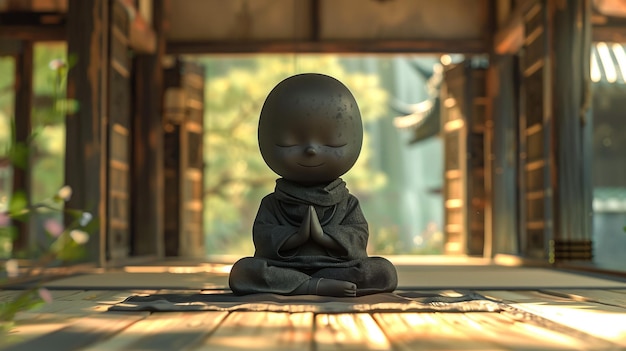 a baby statue sits on a wooden floor with the sun shining on it