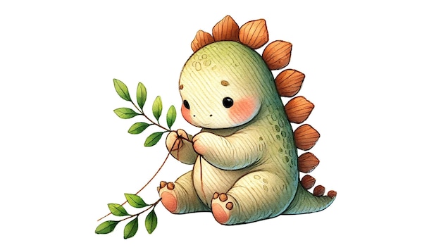 baby Stegosaurus threading leaves onto a string to create a garland