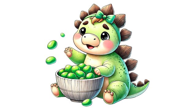 baby Stegosaurus with a green headband reaching for a bowl of green jelly beans