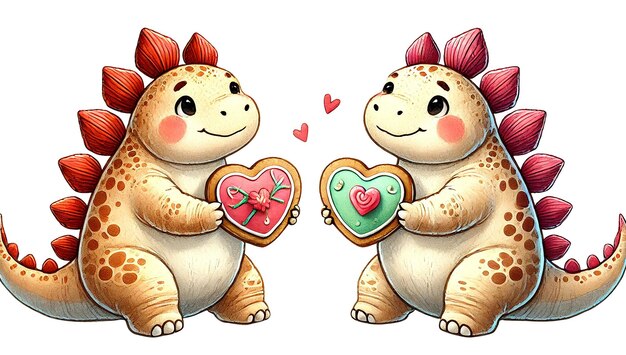 Photo baby stegosauruses exchanging heartshaped cookies