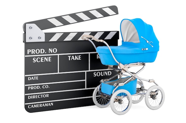 Baby stroller with clapperboard 3D rendering