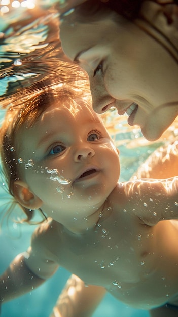 Baby swimming with a parent or caregiver in the pool showcasing the special bond between them