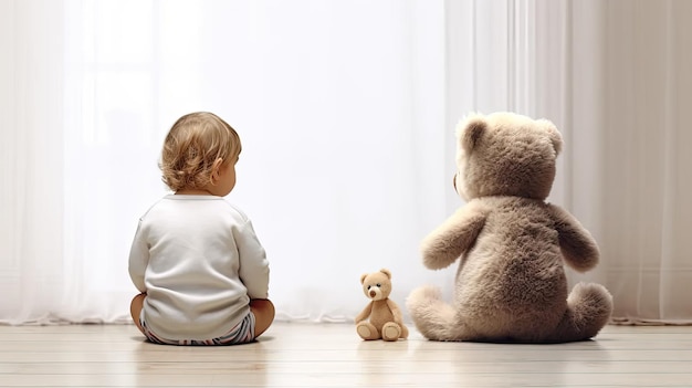 a baby and teddy bear from a rear view situated in a modern minimalist setting there's ample space for text or invitations and focus on capturing the innocence and joy of the moment