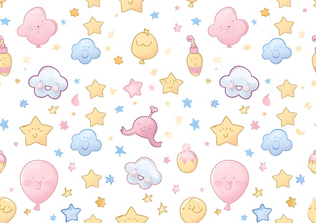 Baby themed pattern with clouds balloons and baby toys on a white background