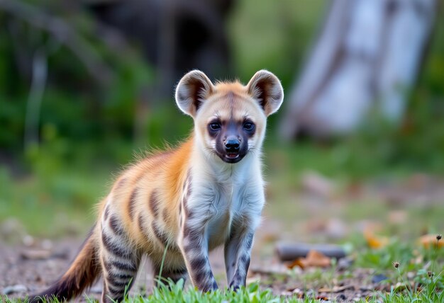 Photo a baby tiger cub is standing in the grass