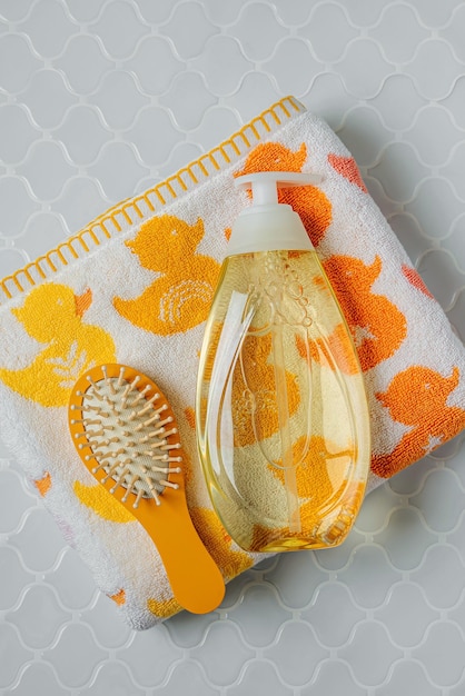 Baby towel with cute ducks and soap or shampoo bottle with hairbrush on grey background. Bathing accessories