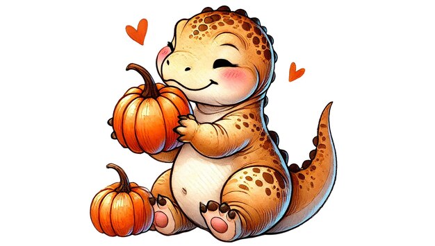 baby TRex holding a small pumpkin in each hand inspecting them with a delighted expression