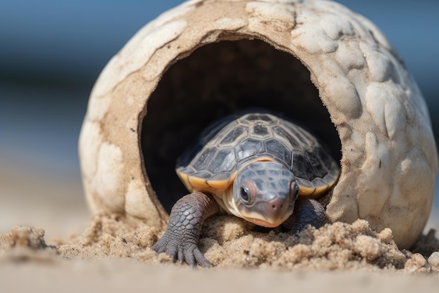 Baby turtle climbing out of nest with its shell still moist created with generative ai