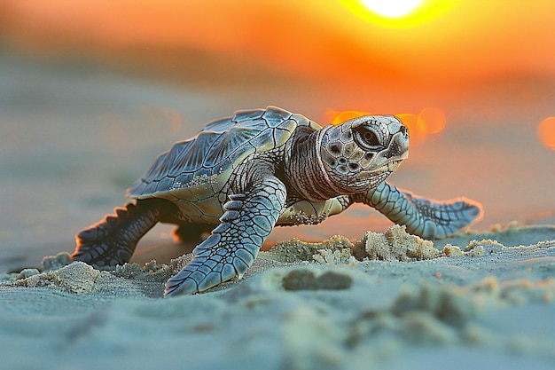 A baby turtle crawling on the sand towards the sea the photo taken from a side view during the gold