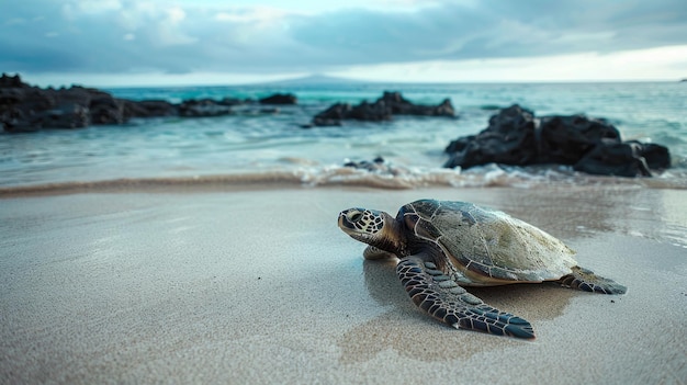 A baby turtle is laying on the beach