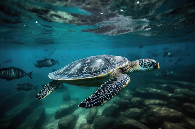 Baby turtle swimming in the ocean surrounded by schools of fish created with generative ai