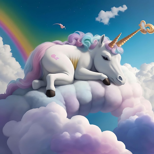 Baby unicorn white sleeping in between AI image