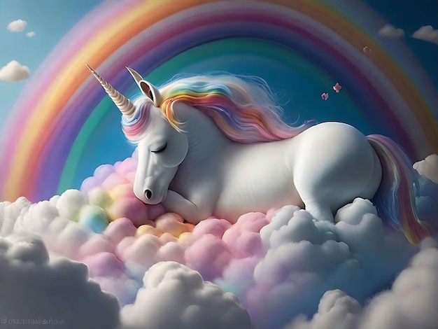 Baby unicorn white sleeping in between AI image