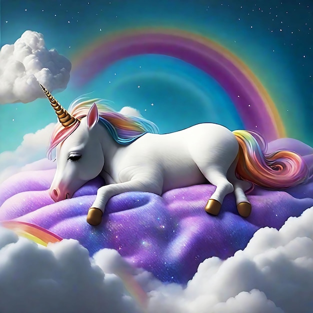 Baby unicorn white sleeping in between AI image