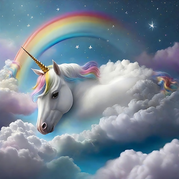 Baby unicorn white sleeping in between AI image