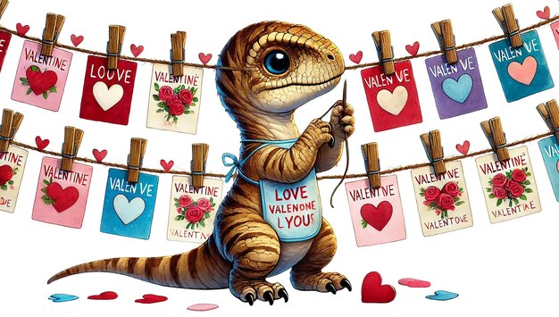 Photo baby velociraptor pinning valentines day cards on a string across a wall