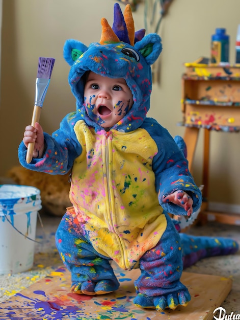 Baby wearing adorable dragon costume covered in paint holding paintbrush