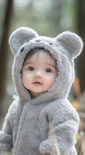 a baby wearing a bear suit is wearing a sweater