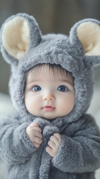 a baby wearing a bear suit that says quot baby quot