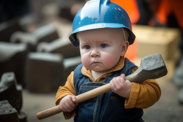 a baby wearing a blue hard hat holds a wooden bat