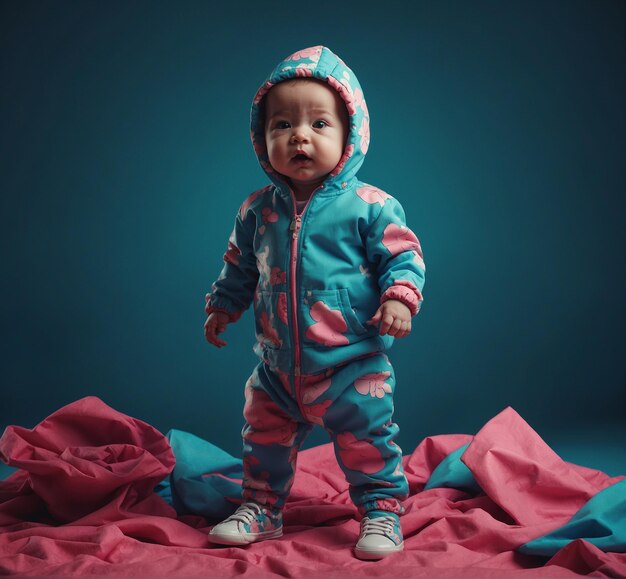 a baby wearing a blue jacket that says quot baby quot on it