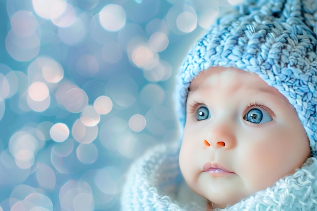 Baby Wearing Blue Knitted Hat and Scarf