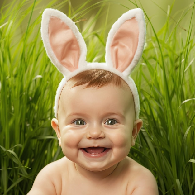 a baby wearing bunny ears and a bunny hat with bunny ears