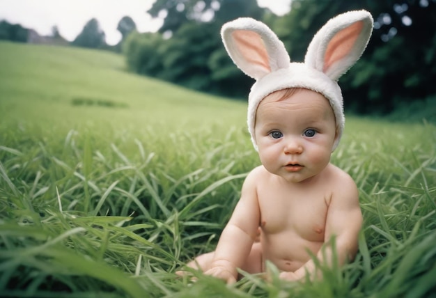 a baby wearing a bunny hat sits in the grass