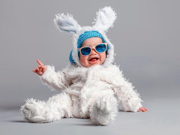 a baby wearing a bunny outfit with a bunny hat on