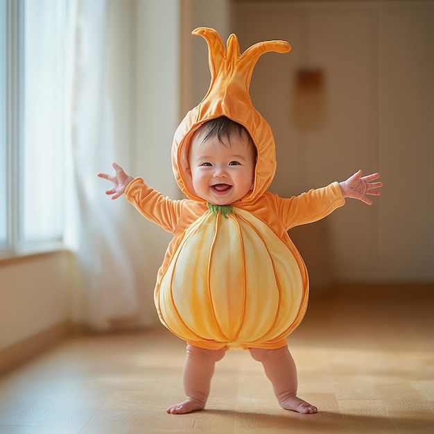 a baby wearing a costume that says baby on it