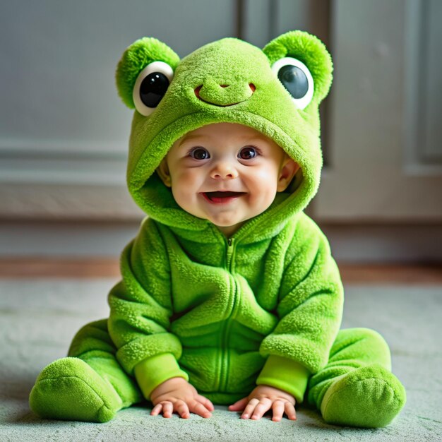 Photo baby wearing cute frog costumebaby with cute frog costume vector design cute green frog isolated for flyerbannermascotlogolanding page