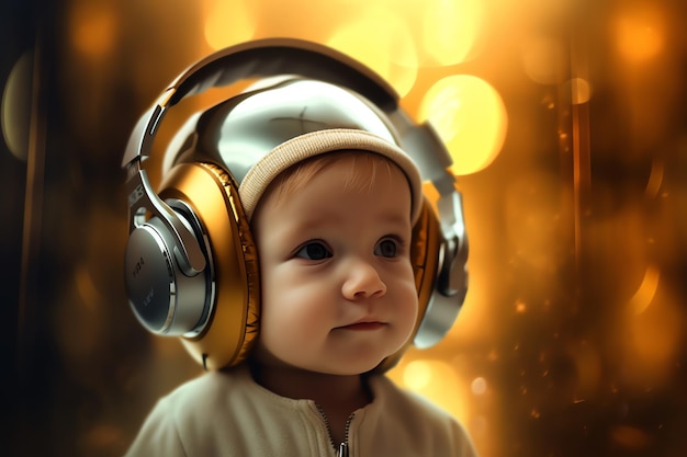 A baby wearing a headphones with the word music on it