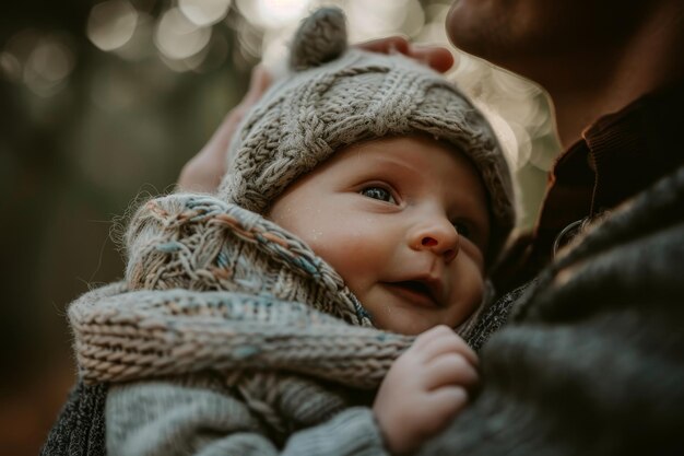 Photo a baby wearing a knitted hat looks up at the father holding them a baby nestled in a parents arms looking up with wonder