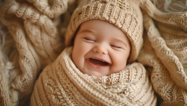 a baby wearing a knitted hat with a smile