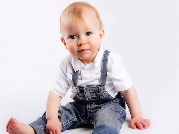 a baby wearing overalls and a white shirt with a button down