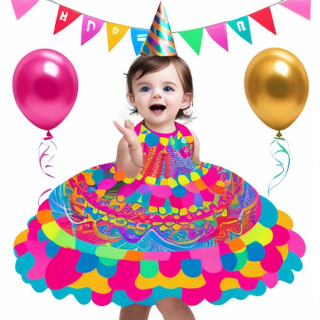 a baby wearing a party hat and a colorful dress with a happy face