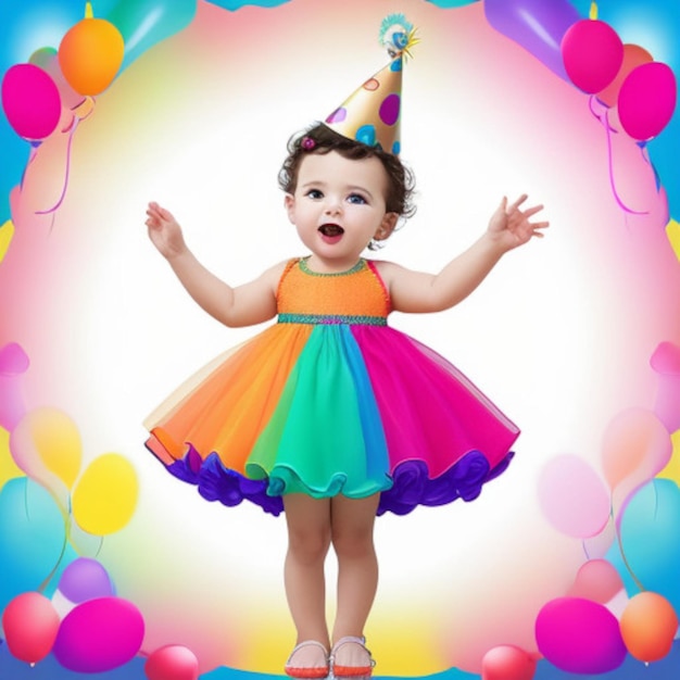 a baby wearing a party hat and a rainbow colored top with balloons in the background