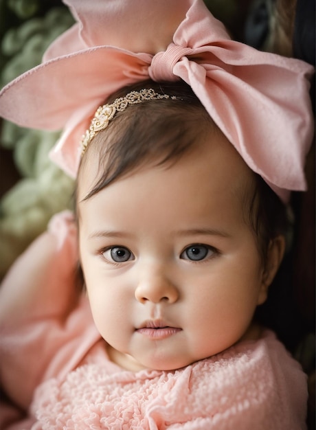 Photo a baby wearing a pink dress with gold trim